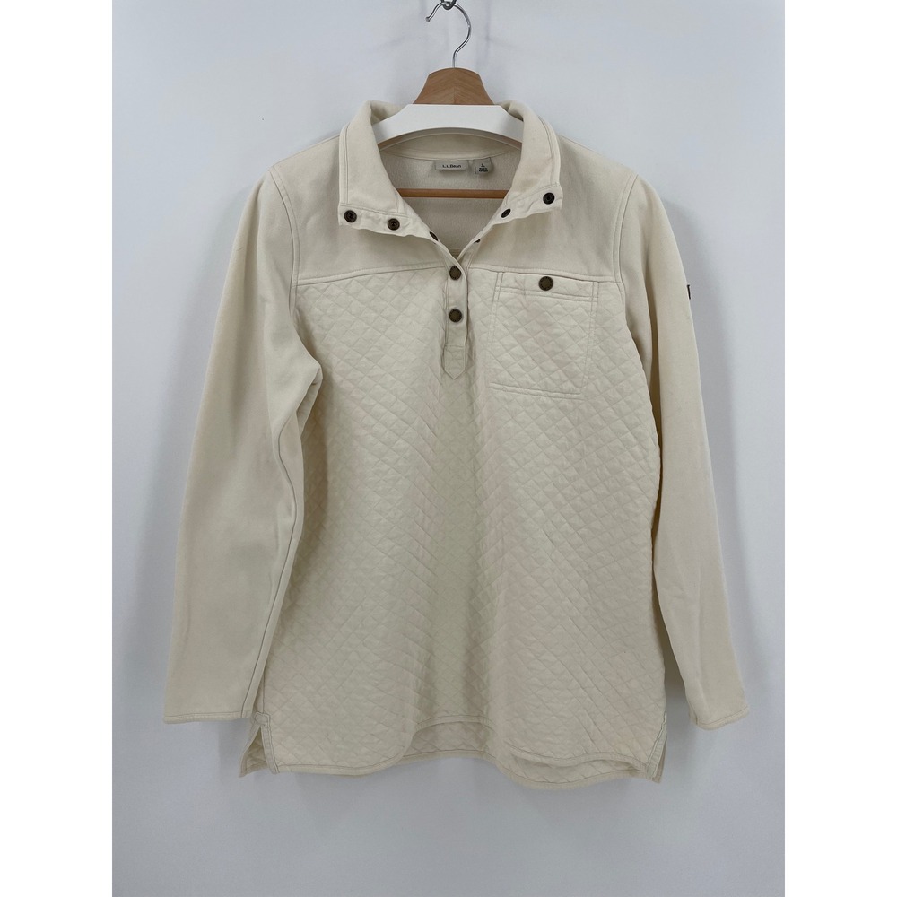 L.L.Bean Quilted Snap Neck Pullover Sweatshirt Womens M Cream Ivory Cotton Tunic